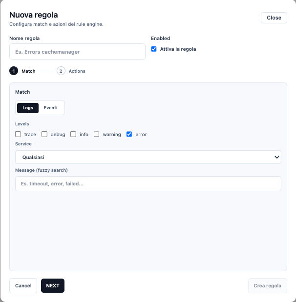 Nuova regola - Match Logs