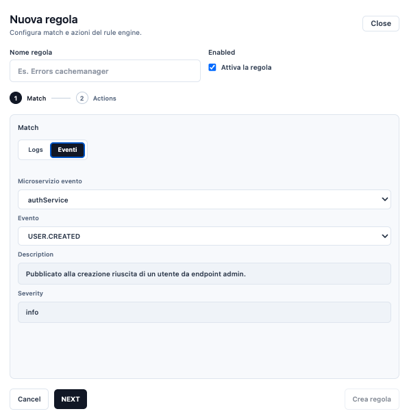 Nuova regola - Match Eventi